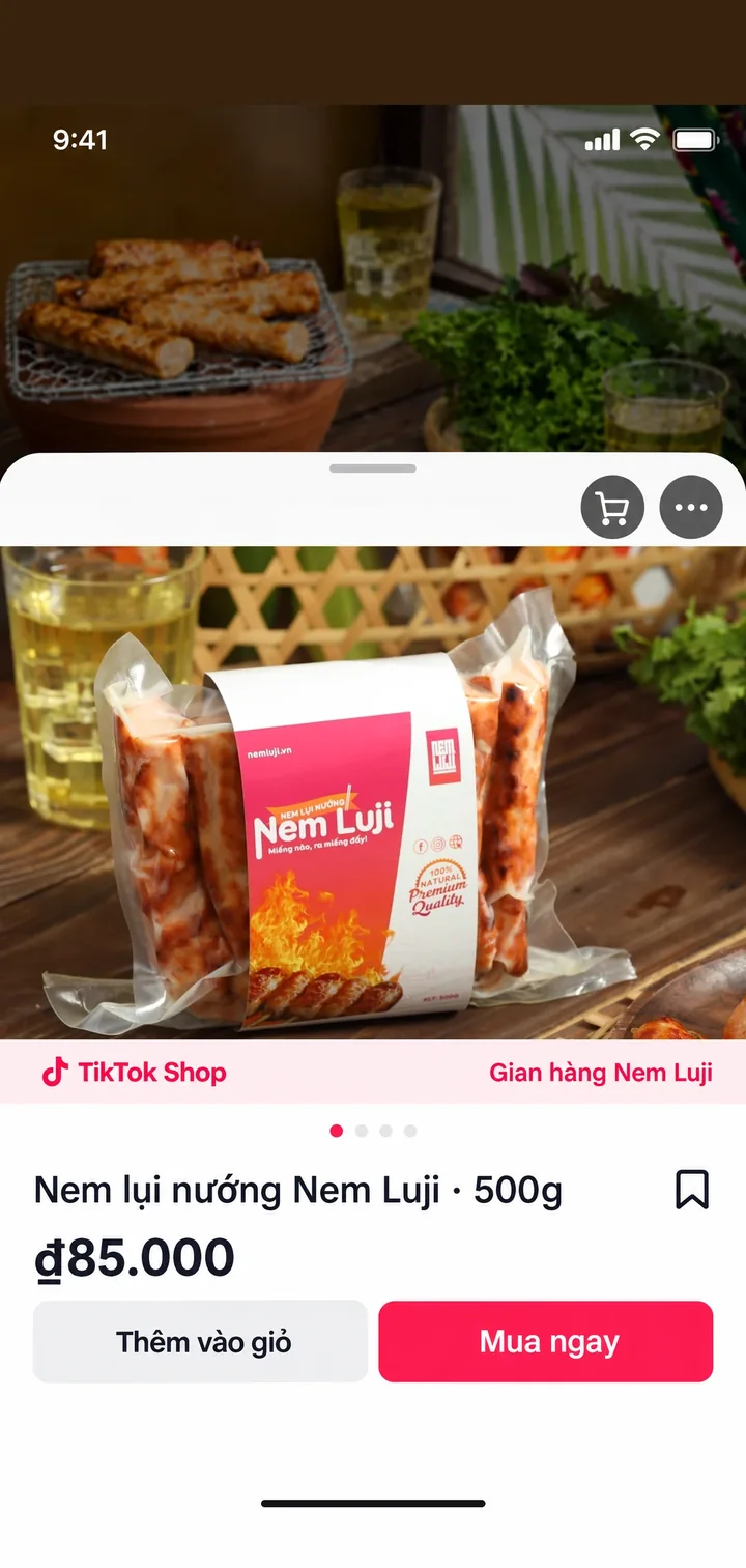 Màn TikTok Shop bước 2, bấm giỏ hàng: tấm sản phẩm Nem lụi nướng 500g trồi lên, giá 85.000đ