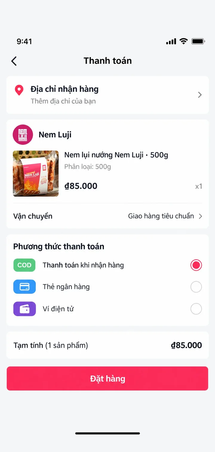 Màn TikTok Shop bước 4, đặt hàng: trang thanh toán, bấm Đặt hàng