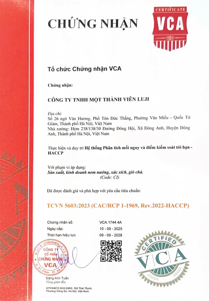 Giấy chứng nhận HACCP số VCA.1744.4A của Tổ chức Chứng nhận VCA, bấm để phóng to