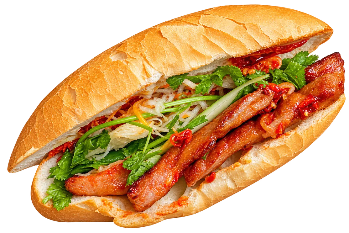 Bánh mì kẹp nem nướng, rau thơm, đồ chua