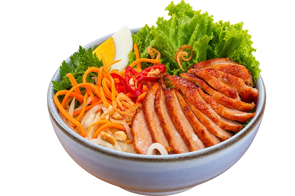 Tô bún trộn nem nướng, trứng, rau sống