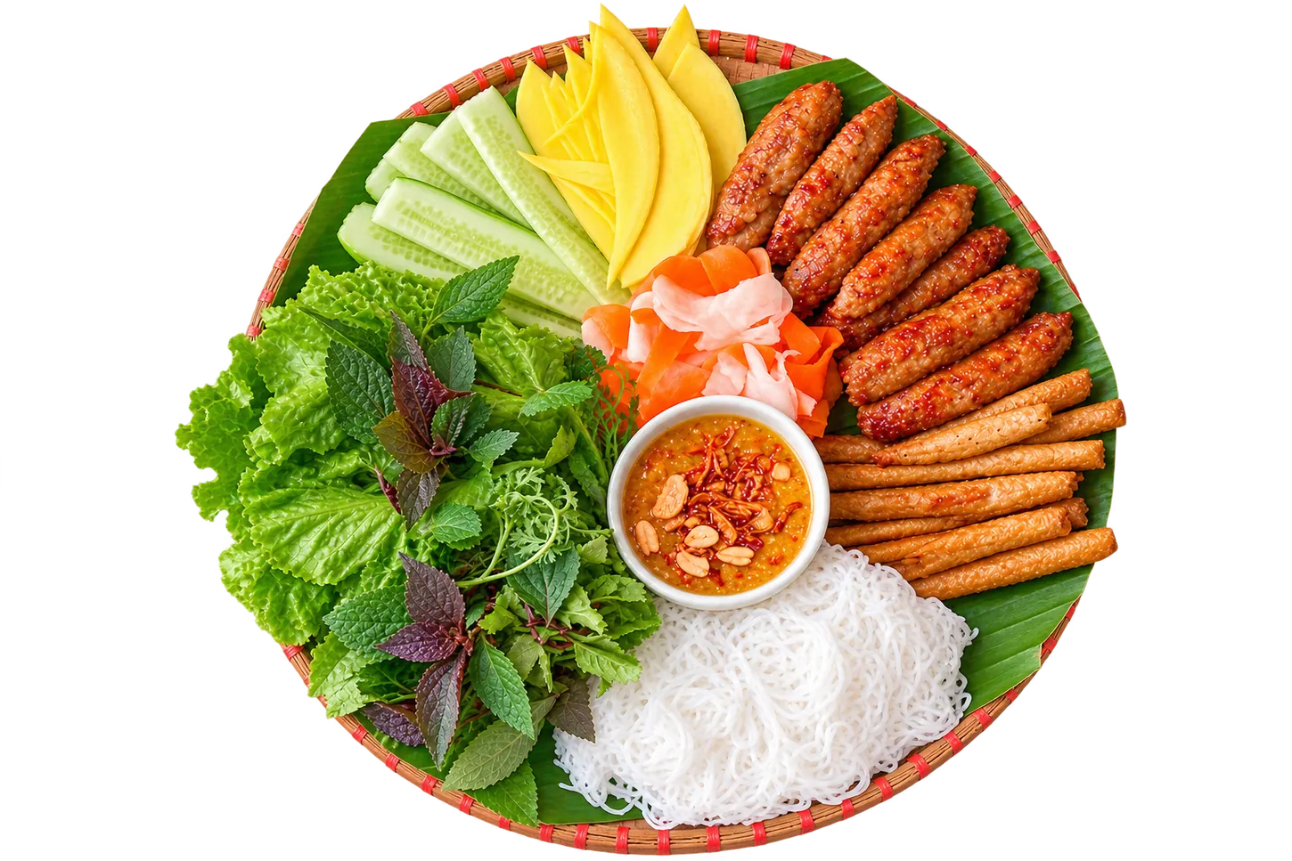 Mẹt nem nướng Nha Trang với rau sống, bún, ram giòn và nước chấm
